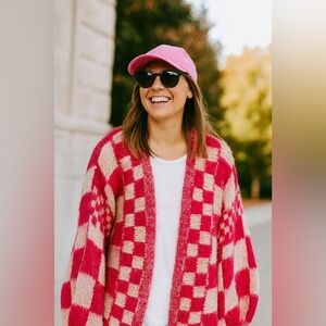 Ultra Oversized Cozy Checkered Pink and Cream Sweater by Baevely